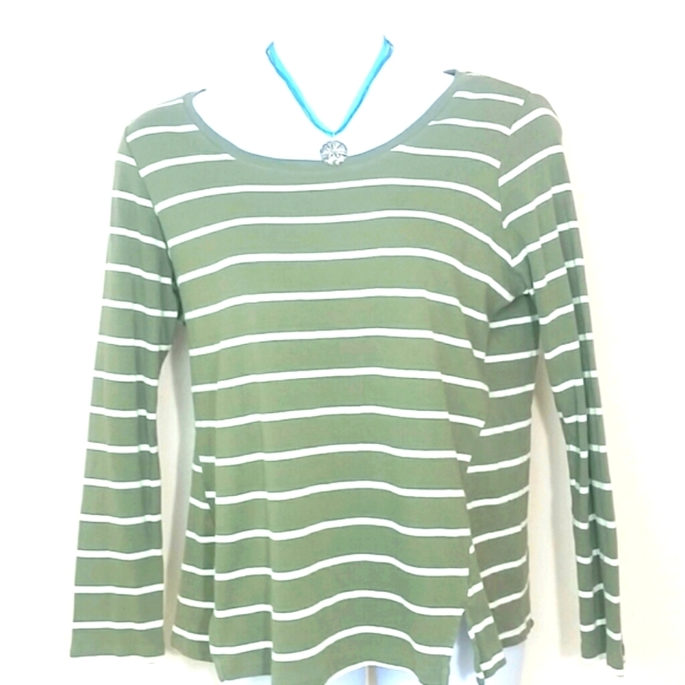 Top t-shirt tunic long sleeve olive green white stripe flowy